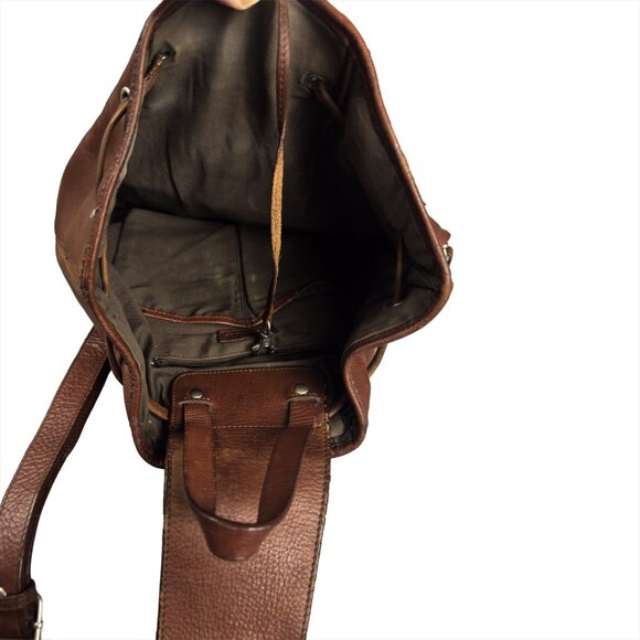 Vintage Sundance Brown Leather Bucket Bag Drawstring Boho Crossbody Backpack - Picture 9 of 10